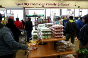 OAKLAND, CA - MARCH 16: There were lines, but not too long, at Gazzali's Supermarket at Eastmont Town Center in Oakland, Calif., on Monday, March 16, 2020. The store was pretty well-stocked considering that six Bay Area counties are ordering an unprecedented shelter-in-place order at 12:01 a.m. tonight. (Jane Tyska/Bay Area News Group)